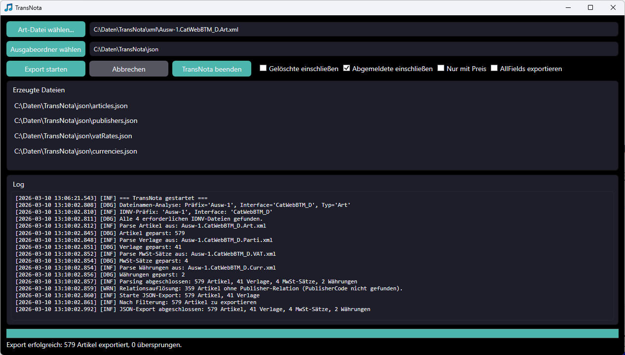 JSON-Ordner auswählen, Export starten und in 1/100s 579 Artikel verarbeitet!